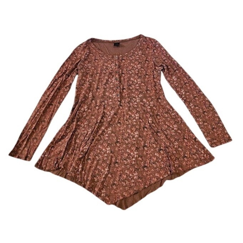 Peruvian Connection Top Medium Rust Pima Cotton Floral Henley Handkerchief Hem